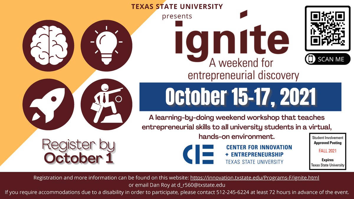 Join us for Ignite, a virtual, 3-day, learning-by-doing weekend workshop that teaches #entrepreneurial skills to #TXST students from all disciplines!

The workshop will run from Oct. 15-17, but the deadline to apply is Oct. 1!

For more info &amp; to apply: innovation.txstate.edu/Programs-F/ign…