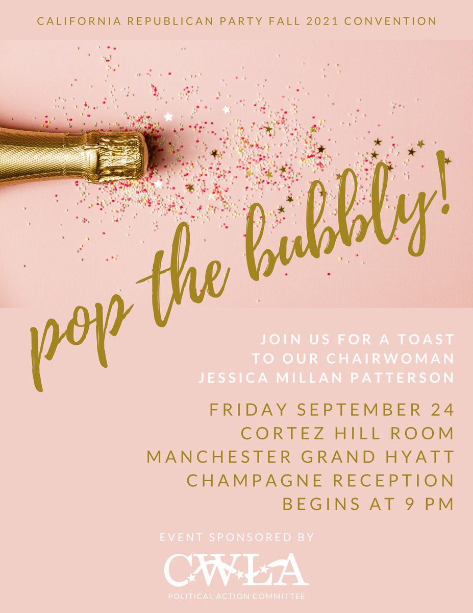 Denacruden's tweet photo. We are looking forward to toasting our CAGOP Chairwoman @millanpatterson with a glass of champagne this evening! If you are at Convention make sure to stop by and join us! @junecutter @RebeccaKelley12 @CWLA_PAC #womenwholead #womenwhoinspire https://t.co/M9dFcrzNtD