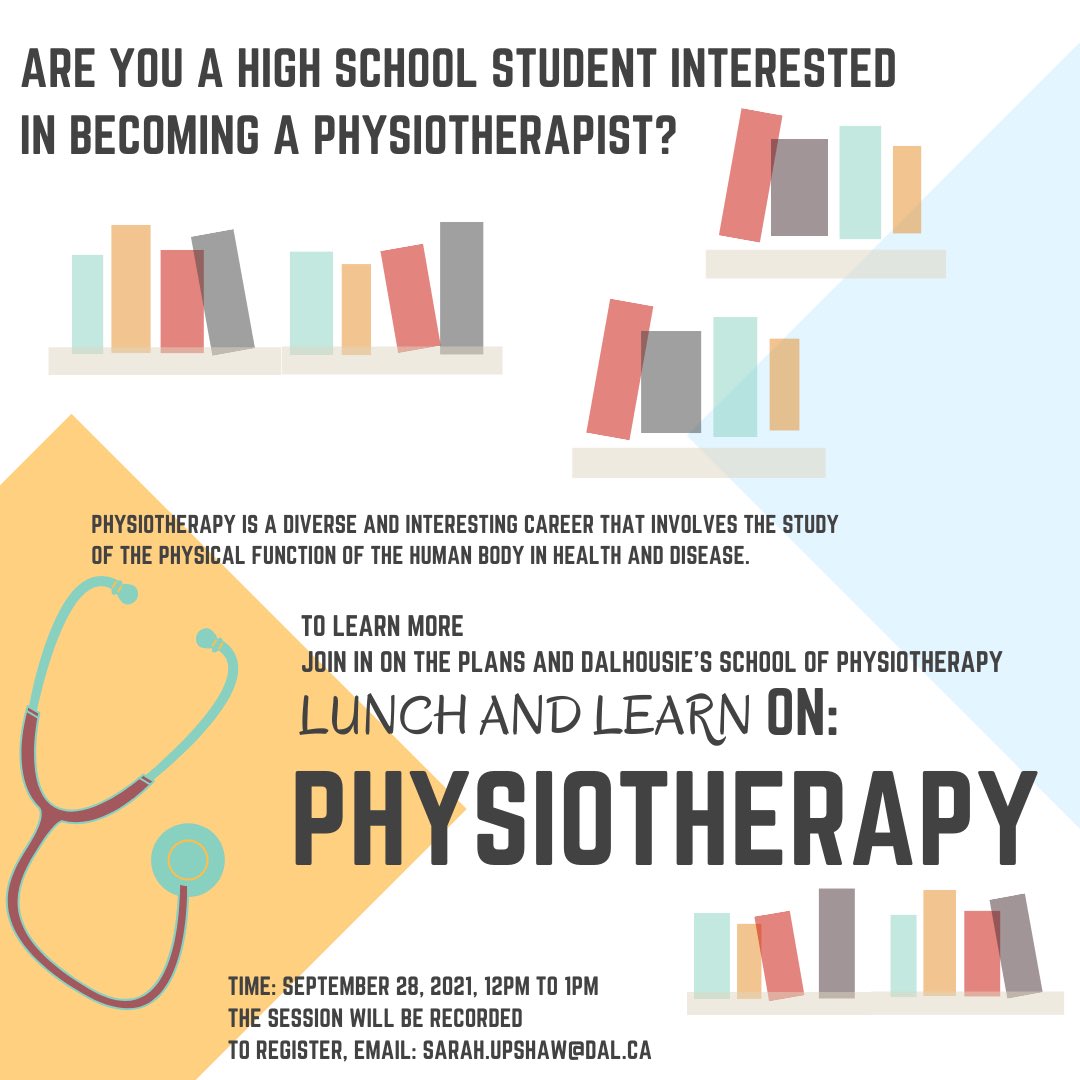 PLANS (@plans_dal) on Twitter photo Are you a high school student interested in becoming a physiotherapist or would love to know more about it? Join in on our Lunch and Learn on Tuesday September 28th! If you would like to participate, send an email to sarah.upshaw@dal.ca
<a href="/DalGlobalHealth/">Office of Community Partnerships and Global Health</a> <a href="/DalBSAC/">Dalhousie Black Student Advising Centre</a> <a href="/HRCE_NS/">Halifax Regional Centre for Education</a> Are you a high school student interested in becoming a physiotherapist or would love to know more about it? Join in on our Lunch and Learn on Tuesday September 28th! If you would like to participate, send an email to sarah.upshaw@dal.ca
<a href="/DalGlobalHealth/">Office of Community Partnerships and Global Health</a> <a href="/DalBSAC/">Dalhousie Black Student Advising Centre</a> <a href="/HRCE_NS/">Halifax Regional Centre for Education</a>