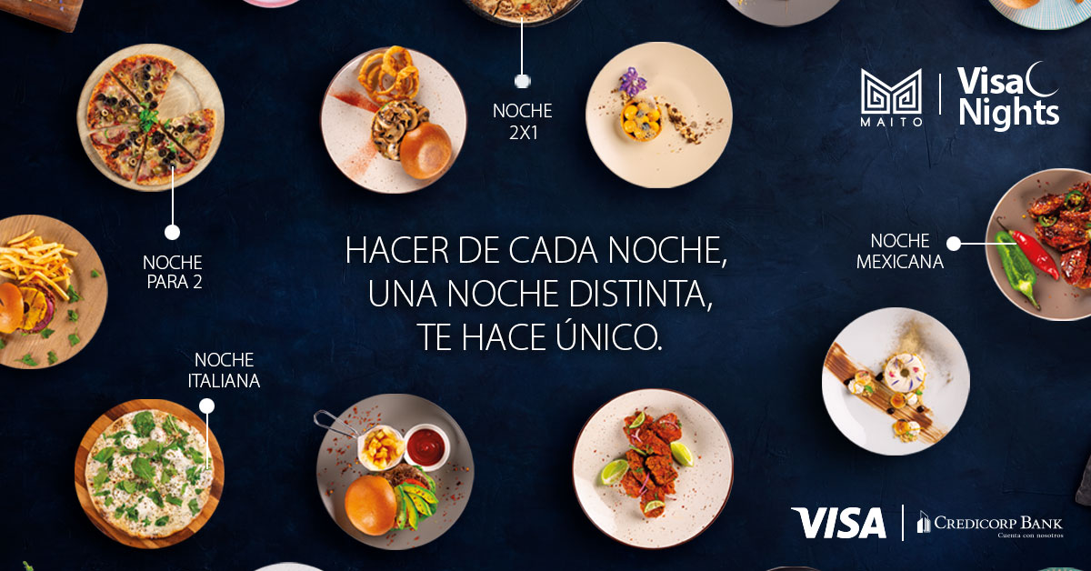 Sigue disfrutando de noches únicas, con nuevos beneficios en los restaurantes de Grupo Maito al pagar con tu tarjeta Visa de Credicorp Bank. ¡Pide tus favoritos ya! Obtén más información en visa.com.pa