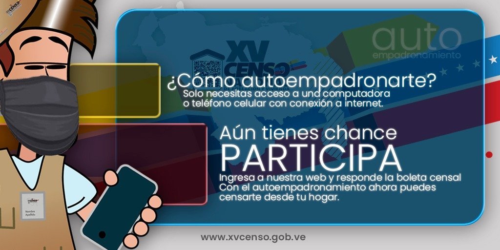 mippci_ven's tweet photo. 𝐏𝐚𝐫𝐭𝐢𝐜𝐢𝐩𝐚! ✍️🇻🇪 
Únete al XV Censo Nacional de Población y Vivienda, solo debes ingresar a https://t.co/Ed2NbuxPyr y responder la boleta censal.

¡Tú cuentas para Venezuela!

#VacúnateYa https://t.co/myfAFIAkjR