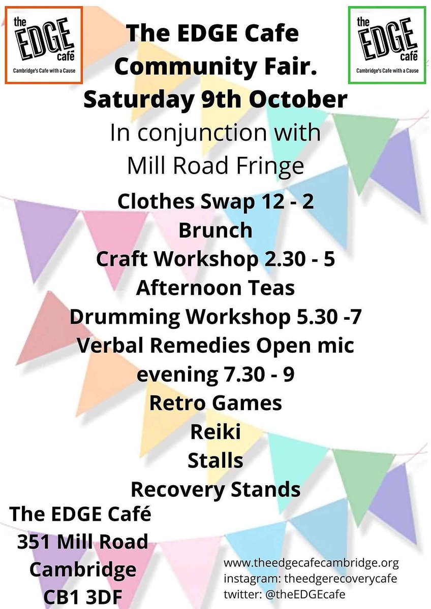 theEDGEcafe's tweet photo. Excited!! It's going to be Awesome!
Please contact me for a stall/info stand - places are limited and are going fast.
gail@theedgecafecambridge.com
#edgerecoverycafe #thinkcommunity #autumnfun #LoveaDuck #recoveryrocks
#LoveMillRd #MillRdFringe https://t.co/MZwhmQOqaC