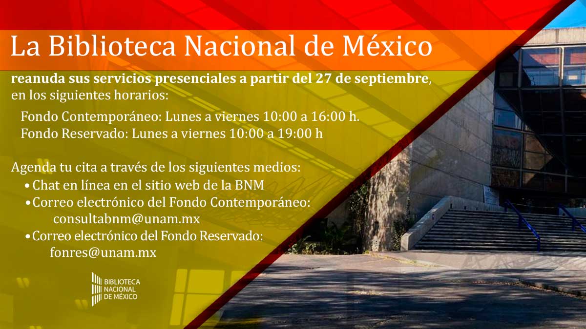 IIBUNAM's tweet photo. 📣📣📣 ¡La Biblioteca Nacional de México reanuda su servicio presencial a partir del 27 de septiembre! 📚📖

Agenda tu cita en:
👉🏽 el chat en línea de https://t.co/C7jKUrY8LY 
👉🏽 el correo consultabnm@unam.mx
👉🏽 el correo fonres@unam.mx (para el Fondo Reservado de la Biblioteca). https://t.co/o1NZRKfZpF