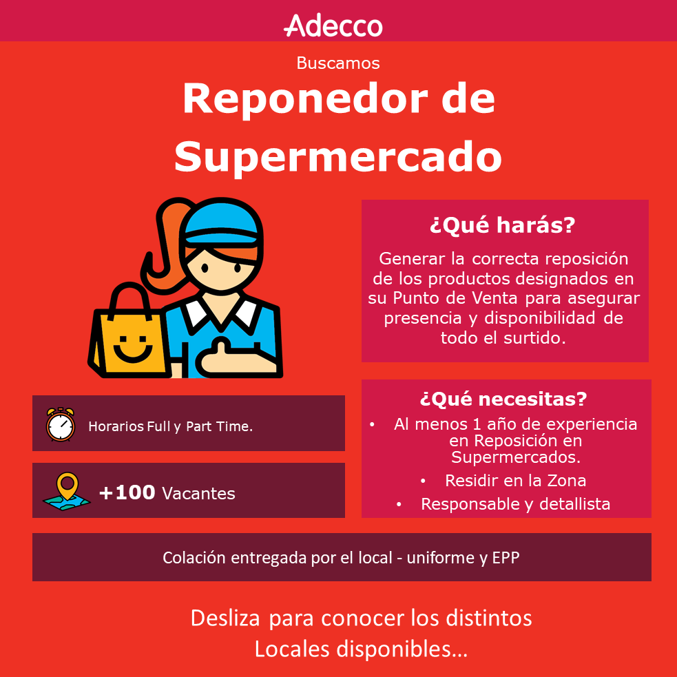 توییتر \ Adecco Chile در توییتر: «⚠️Atención⚠️ Buscamos Reponedor de Supermercado para ver cómo puedes #Trabajo #Santiago #Chile https://t.co/iTYPIrpQtt»