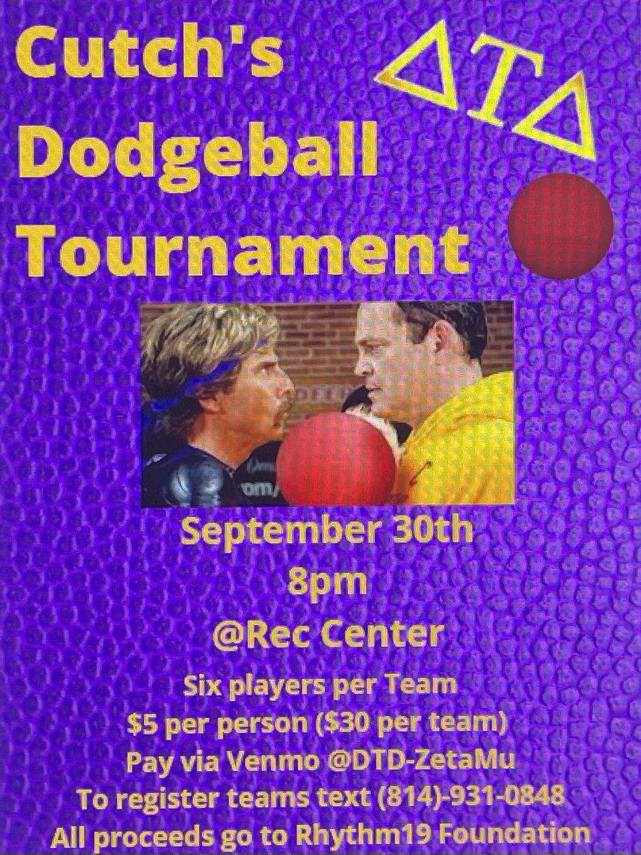 RMU_Delts's tweet image. Cutch’s Dodgeball Tournament will be taking place on September 30th! Be sure to put together a team of six and go head to head with other teams to claim the number 1 spot. We look forward to seeing you there!