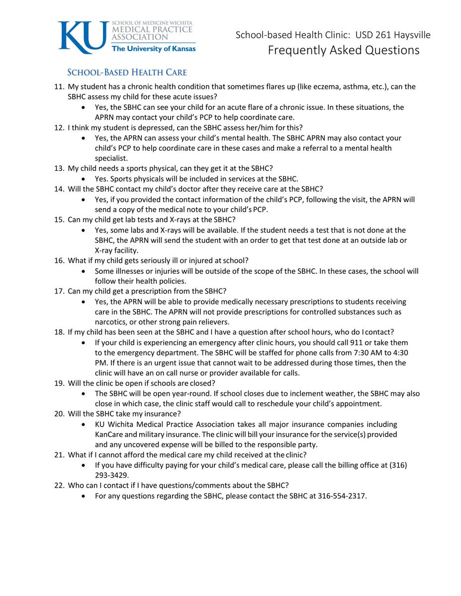 USD261's tweet photo. The school based health clinic is opening 10/1 at the Admin. Bldg. Here's a list of some FAQ's about the clinic.
#usd261derful
#SBHC261 https://t.co/fJUCLq99ZT