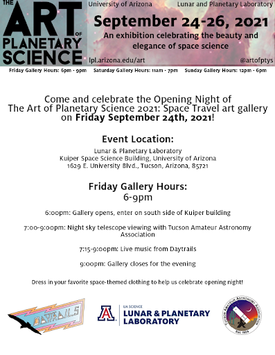 IT’S LAUNCH DAY! The Art of Planetary Science kicks off tonight with live music from <a href="/daytrailsband/">Daytrails</a>  from 7:15-9:00pm and telescope viewing with the TAA from 7:00-9:00 pm. Gallery is open from 6-9 pm! 
Dress in your favorite space themed clothing! We hope to see you there!