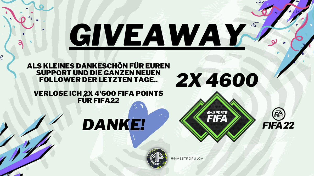 PulgaFUT's tweet photo. ✨🎁  𝐆𝐈𝐕𝐄𝐀𝐖𝐀𝐘 ❤️🔥

Als kleines Dankeschön verlose ich..

2x 4600 #FIFA22 Points! 
Was ihr dafür tun müsst:

- Folgt @MaestroPulga 
- RT 🔁 (Tweet Retweeten)
- Tweet liken 💟

🔴Das Gewinnspiel endet am 1.10.2020 &amp; die Gewinner werden direkt benachrichtigt!

Viel Glück🍀 https://t.co/nKma53CYhI