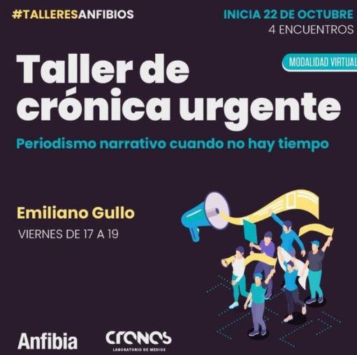 Vuelve el taller urgente a <a href="/revistaanfibia/">Revista Anfibia</a>. Crónica, narrativa, discusión, periodismo y literatura.

Inicio 22 de octubre. Viernes 17 a 19. ¡Venid, vengan!