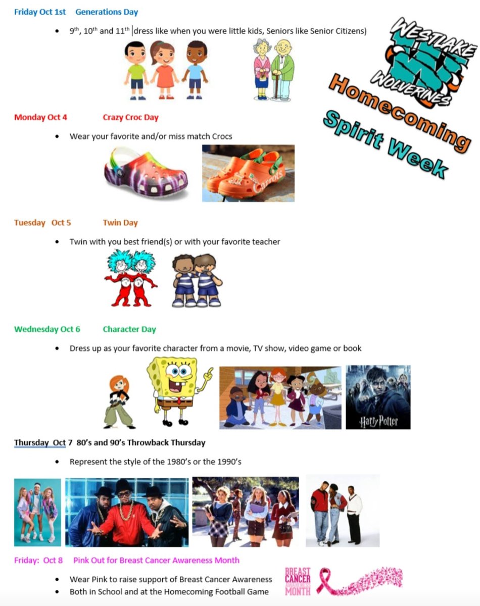 Homecoming Spirit Week starts next Friday Oct 1st thru Friday Oct 8th. These are the themes: