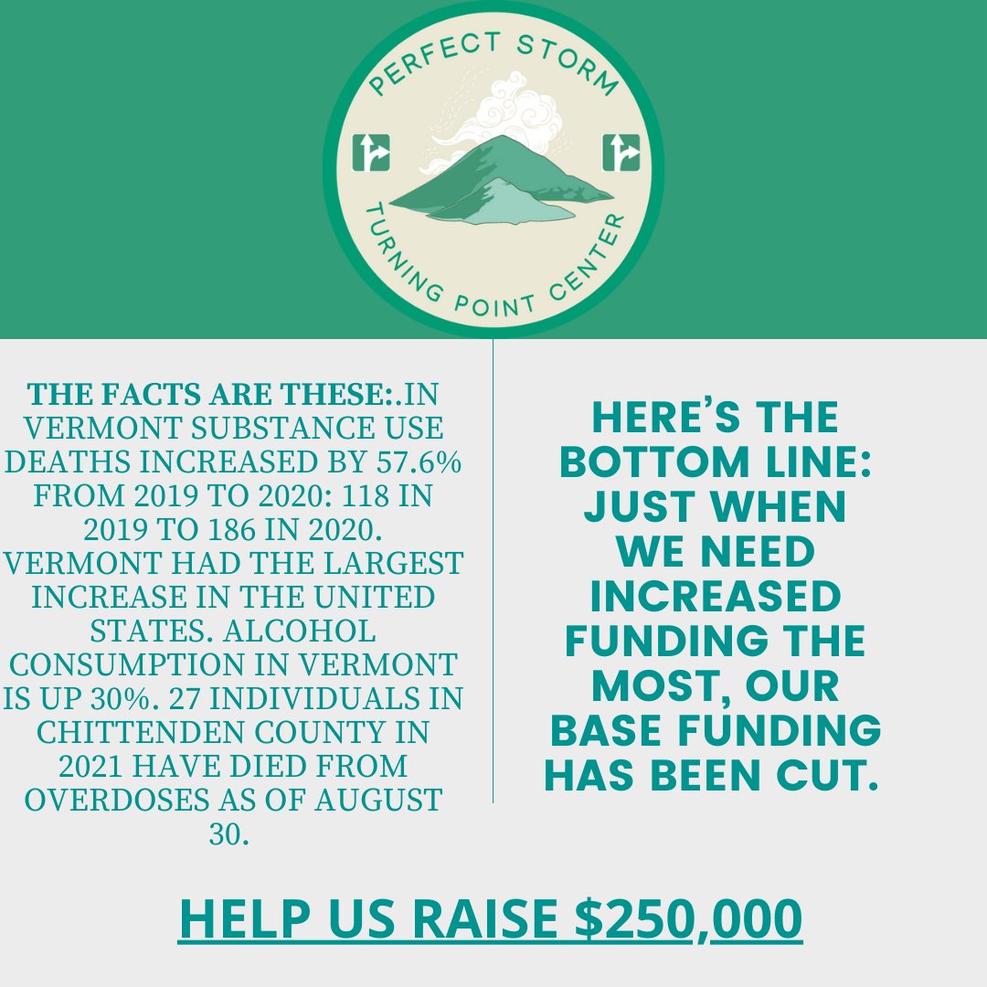 TurningPoint_CC's tweet photo. A Perfect Storm - An Urgent Request
Help The Turning Point Center of Chittenden County raise $250,000 by October 31st! Our community has been met with the perfect storm of struggles.
Join us in saying "Yes! I recognize the Substance Use Crisis in Vermont. I will help." https://t.co/mL1zUt3PD4