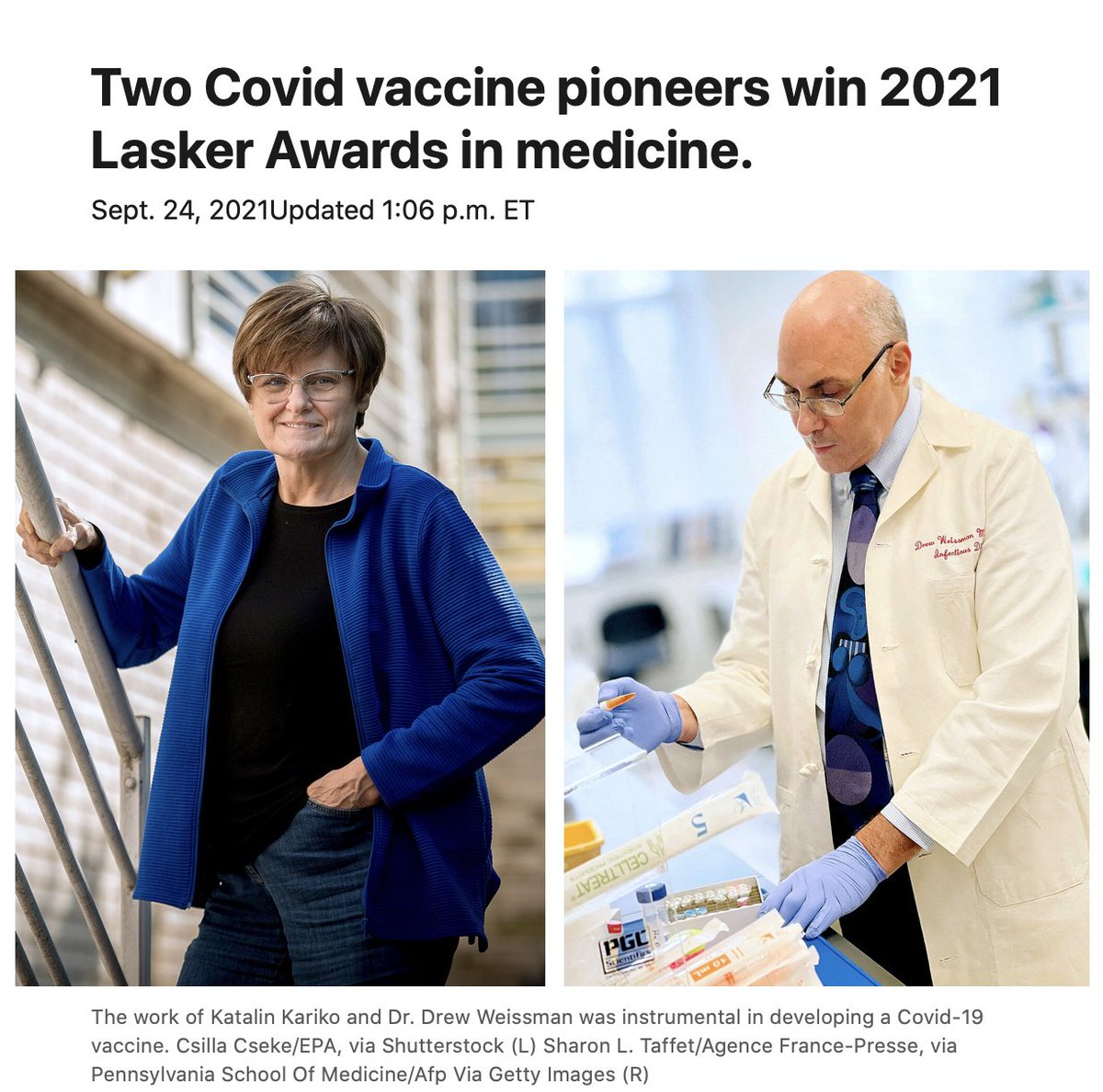 The 2021 Lasker Award in Medicine to <a href="/kkariko/">Katalin Kariko</a> and <a href="/WeissmanLab/">The Drew Weissman Lab</a> is phenomenal. This "In Gratitude for mRNA vaccines" <a href="/NEJM/">NEJM</a> today reviews why it is so richly deserving nejm.org/doi/full/10.10…
<a href="/nytimes/">The New York Times</a> coverage
nytimes.com/2021/09/24/wor…
thrilled to have been a nominator