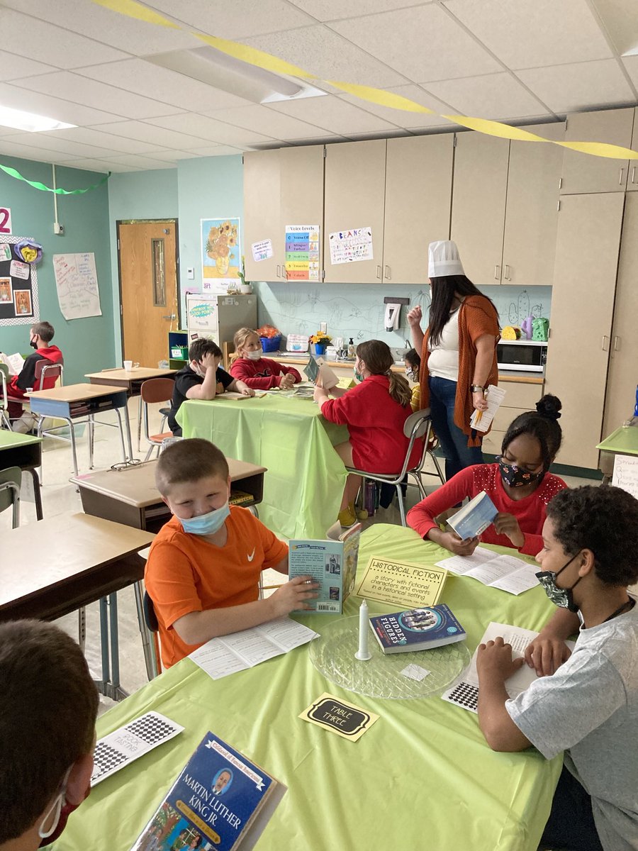 GansGators's tweet photo. Some of our 5th graders participated in a “Book Tasting” today. What’s on the menu? All different genres and great book choices! Thanks to our Chefs - Mrs. Bonanza, Mrs. Pokines, Mrs. Pulizzi, Mrs. Calandra &amp; Mrs. Calidonna! #CreatingSuccessfulFutures @pblake_RomeCSD @romecsd https://t.co/ArzaPRVZcX