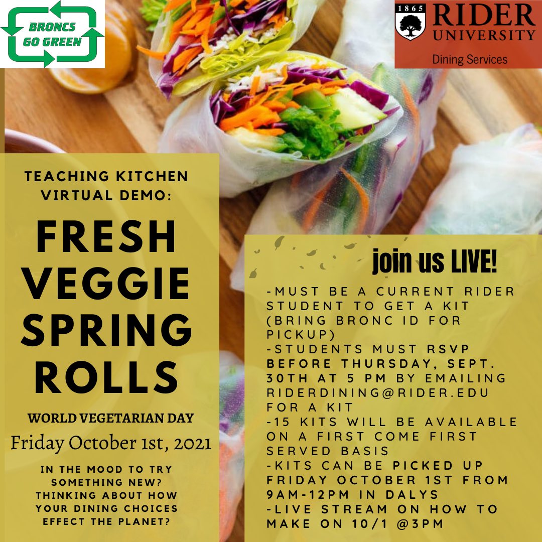 BroncsGoGreen's tweet photo. World Vegetarian Day is around the corner! We’re cheffing it up, veggie style, in Daly’s next Friday in celebration of the holiday! RSVP to Rider Dining to get a kit for these yummy veggie spring rolls! 🤩🥬🥕🥑🥒🌎 https://t.co/XGdsXsqMi1