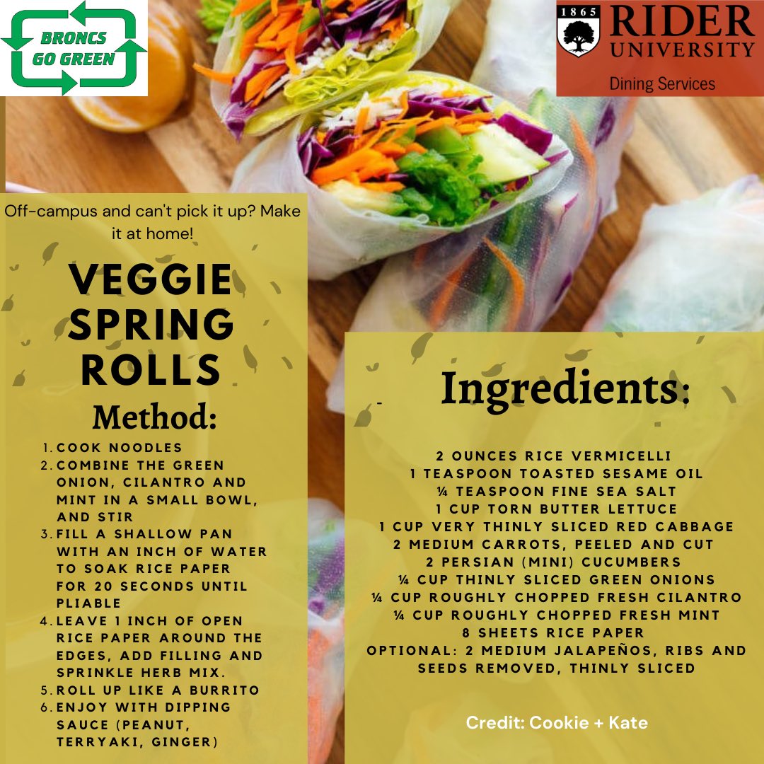 BroncsGoGreen's tweet photo. World Vegetarian Day is around the corner! We’re cheffing it up, veggie style, in Daly’s next Friday in celebration of the holiday! RSVP to Rider Dining to get a kit for these yummy veggie spring rolls! 🤩🥬🥕🥑🥒🌎 https://t.co/XGdsXsqMi1