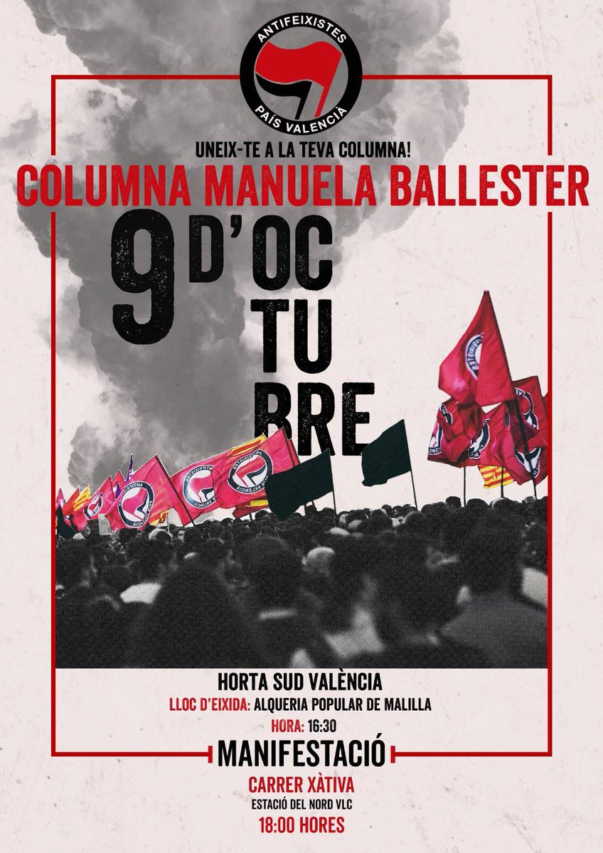 ❤ Ens enorgulleix anunciar que la Columna #ManuelaBallester, en representació de l'Horta Sud i els barris del sud de València, eixirà a les 16:30h des de l'Alqueria Popular de Malilla! Aquest 9 d'octubre ens veiem als carrers!