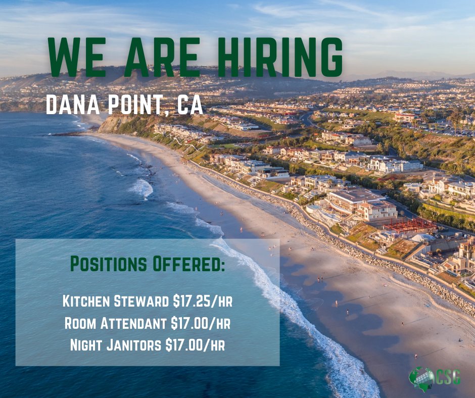 CSGCARES_Jobs's tweet photo. CSG is hiring multiple positions in beautiful, Dana Point! Use the following link to apply now and join our team: https://t.co/0nrGi2dCUu 
#danapoint #danapointjobs #kitchensteward #roomattendant #nightjanitor #greatpay #jointheteam #greatbenefits https://t.co/qGn27lJKIw