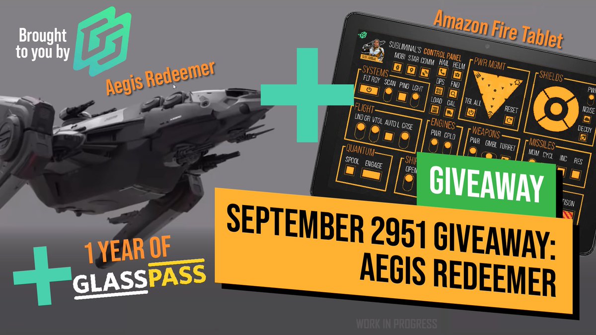 SubliminaLsTV's tweet photo. The @SubliminaLsTV September 2951 #StarCitizen Ship Giveaway is the Aegis Redeemer, Amazon Fire Tablet &amp; 12-Month GlassPass Subscription! Brought to you buy @gameglassgg and NOT @RobertsSpaceInd🤔 https://t.co/aiNqobWCni