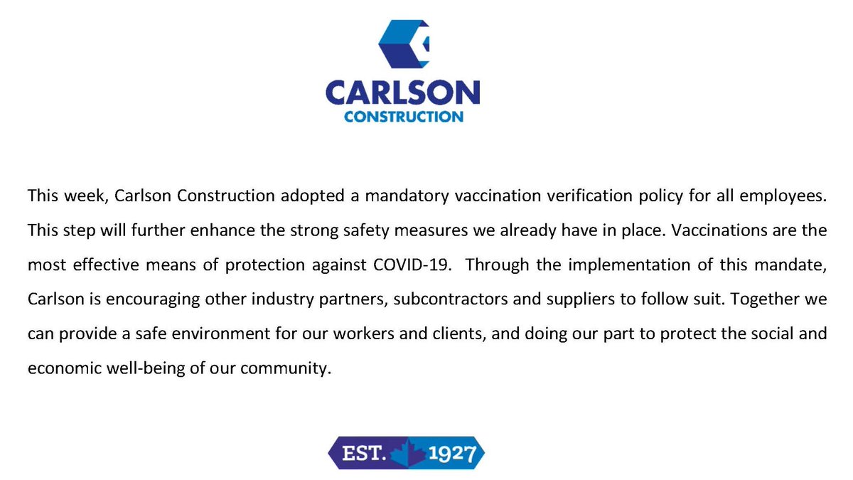 COVID-19 Update: The week, Carlson adopted a mandatory vaccination verification policy for all employees. This step will further enhance the strong safety measures we already have in place.