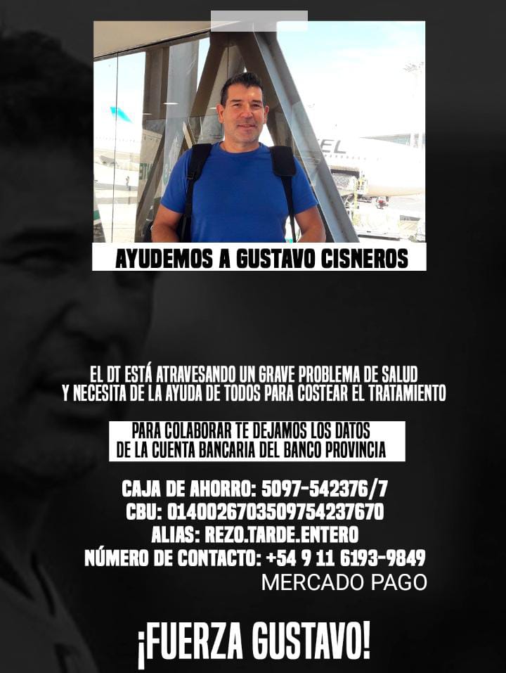 Angelalerena's tweet photo. El director técnico @cisnerosgustav1 está en tratamiento por una grave enfermedad. Es sostén de familia y necesita nuestra ayuda. Si difundís o retuiteás ya estás ayudando. ¡Gracias! ¡Y fuerza, Gustavo! https://t.co/k8DkZQxc8L