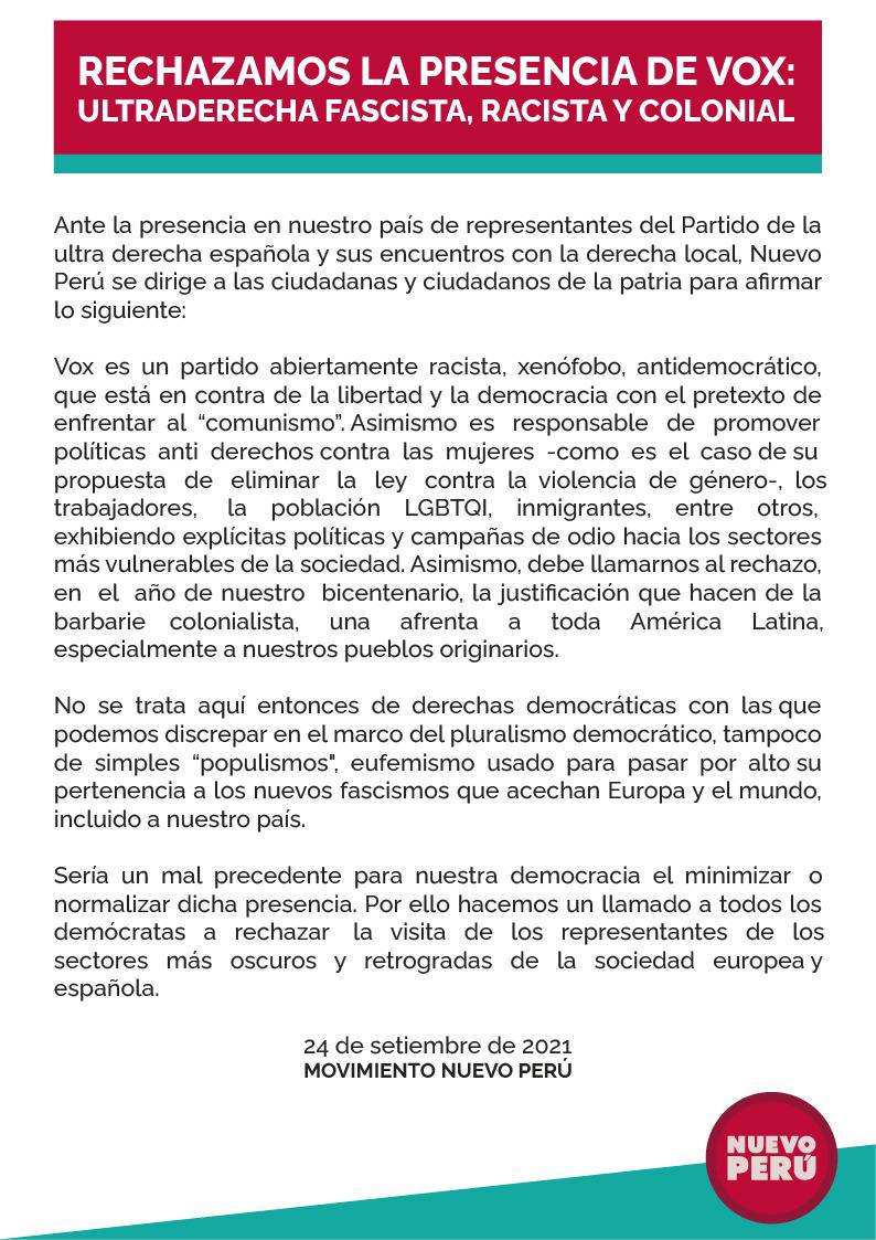 Vero_Mendoza_F's tweet photo. Al fascismo no se le debe ceder ni un centímetro. Es vergonzoso y peligroso que en el Bicentenario de nuestra independencia se acoja con tanta condescendencia a una ultraderecha foránea fascista, racista y colonial que se alimenta del miedo y la violencia.
Cuidemos la democracia. https://t.co/1vVVJiOLzJ