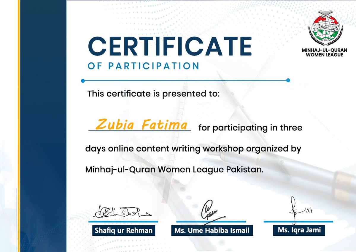 Azrum_zahra10's tweet image. Alhamdulillah 😍 received Certificate of 3 Day online #ContentWritingWorkshop Arranged by Minhaj-ul-Quran Women League It was very informative workshop and i have learned a lot I&apos;ll try to my best In shaa Allah
Thanks a lot #MsUmmeHabibaIsmail #MsIqraJami #SirShafiq-ur-Rehman❤️