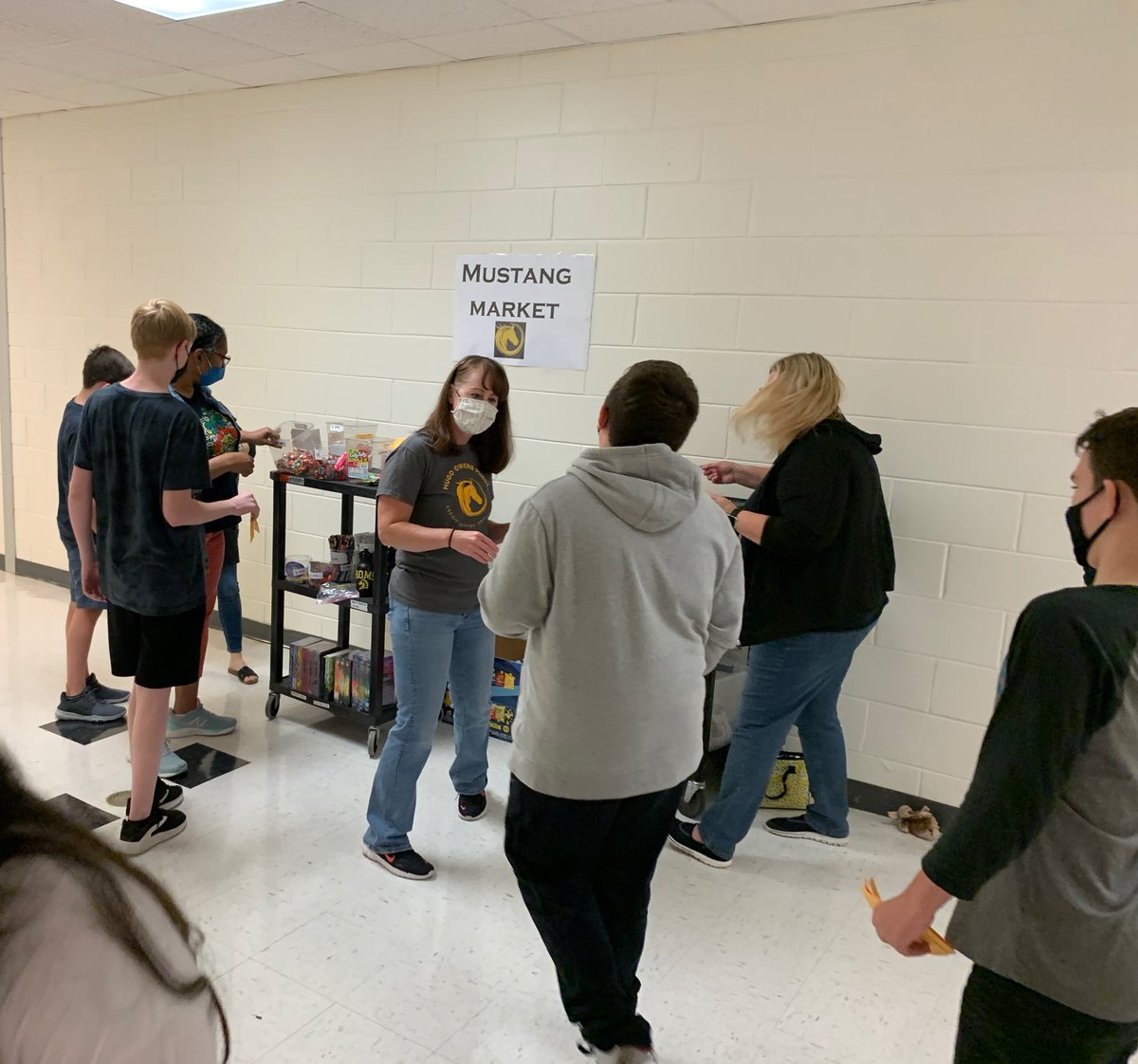 HugoOwensMS's tweet photo. The first Mustang Market of the 2021-2022 school year was today! Students were able to turn in their Mighty Mustangs for different prizes at our store. Way to be safe, respectful, and responsible Mustangs! ππ€ππ€ #HugoIsForEveryOne #HugoUKnow https://t.co/WfiVtm4myn