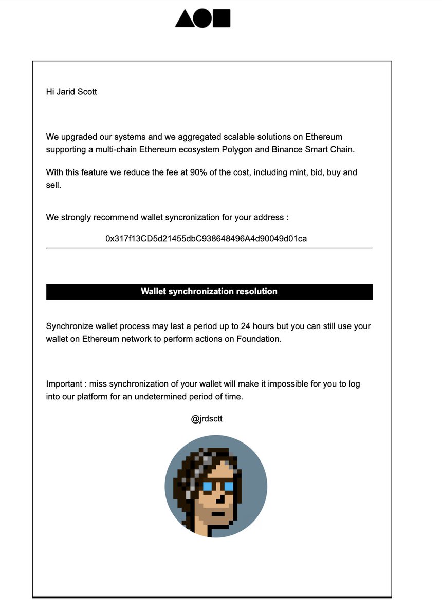 Heads up, just got a super legit looking Foundation scam via email. Normal Foundation  emails are from hello@withfoundation.com, but this is from  hello@withfoundation.art. Even has links to the actual Foundation site.  Watch