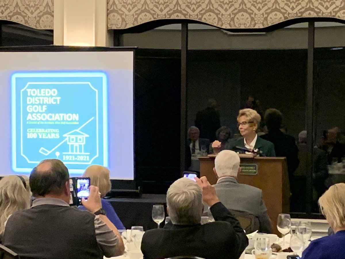 Marianne Reece gives her acceptance speech on being inducted into the Toledo Golf Hall of Fame at the TDGA Centennial Celebration at the Inverness Club.