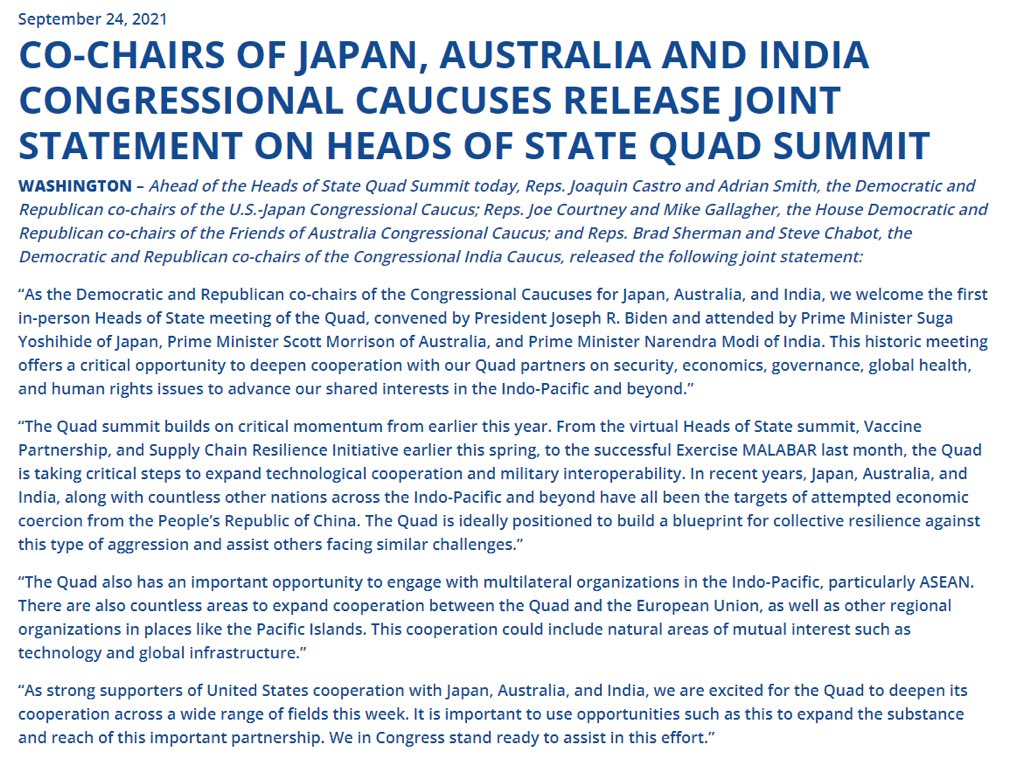 “As the Democratic and Republican co-chairs of the Congressional Caucuses for Japan, Australia, and India, we welcome the first in-person Heads of State meeting of the #Quad, convened by @POTUS.” Full statement: castro.house.gov/media-center/p…
