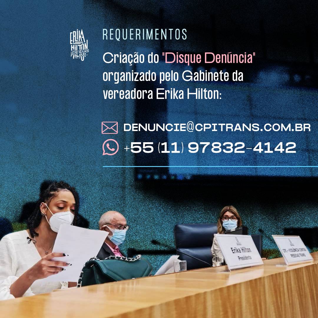 ErikakHilton's tweet photo. APROVADO ✅ Requerimento de criação um CANAL OFICIAL de #Denúncias de Violência. Qualquer Cidadã ou cidadão pode entrar em contato para colaborar com o mapeamento da violência e de suas causas e ajudar a #CPITrans

Email: denuncie@cpitrans.com.br
Whatsapp: +5511978324143 https://t.co/T8o7xqbVQ9