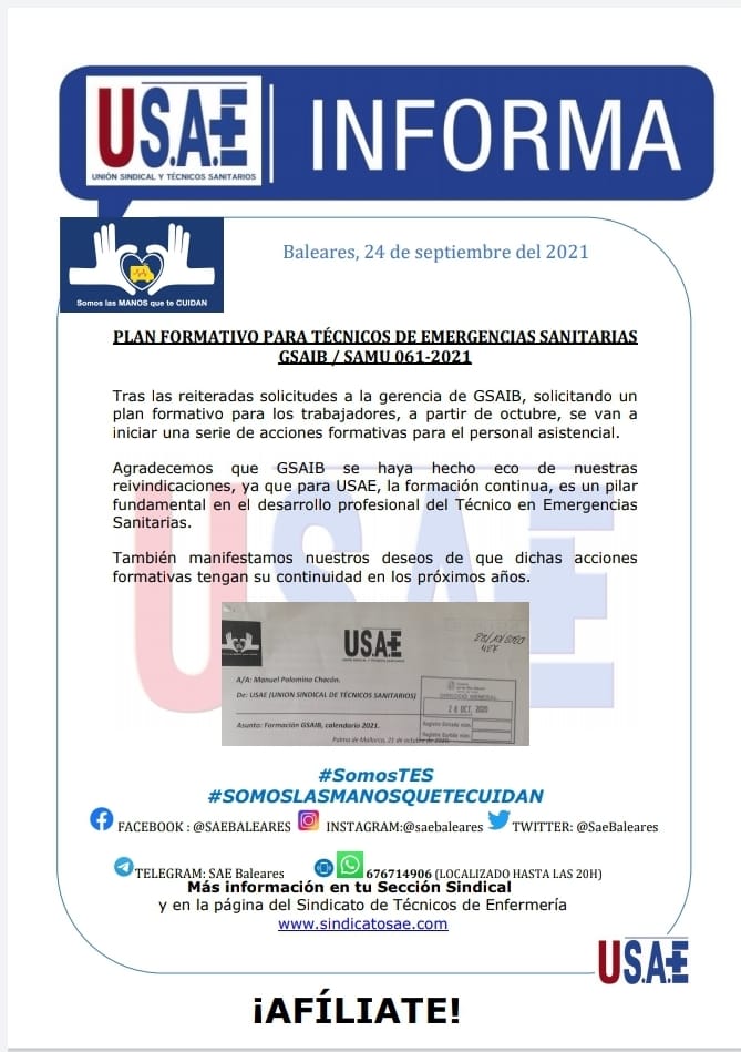 SaeBaleares's tweet photo. Plan formativo #GSAIB #SAMU061 para 2021.
#SOMOSLASMANOSQUETECUIDAN #SindicatoSAE #USAE #SomosTES https://t.co/gXO6RYLF9g
