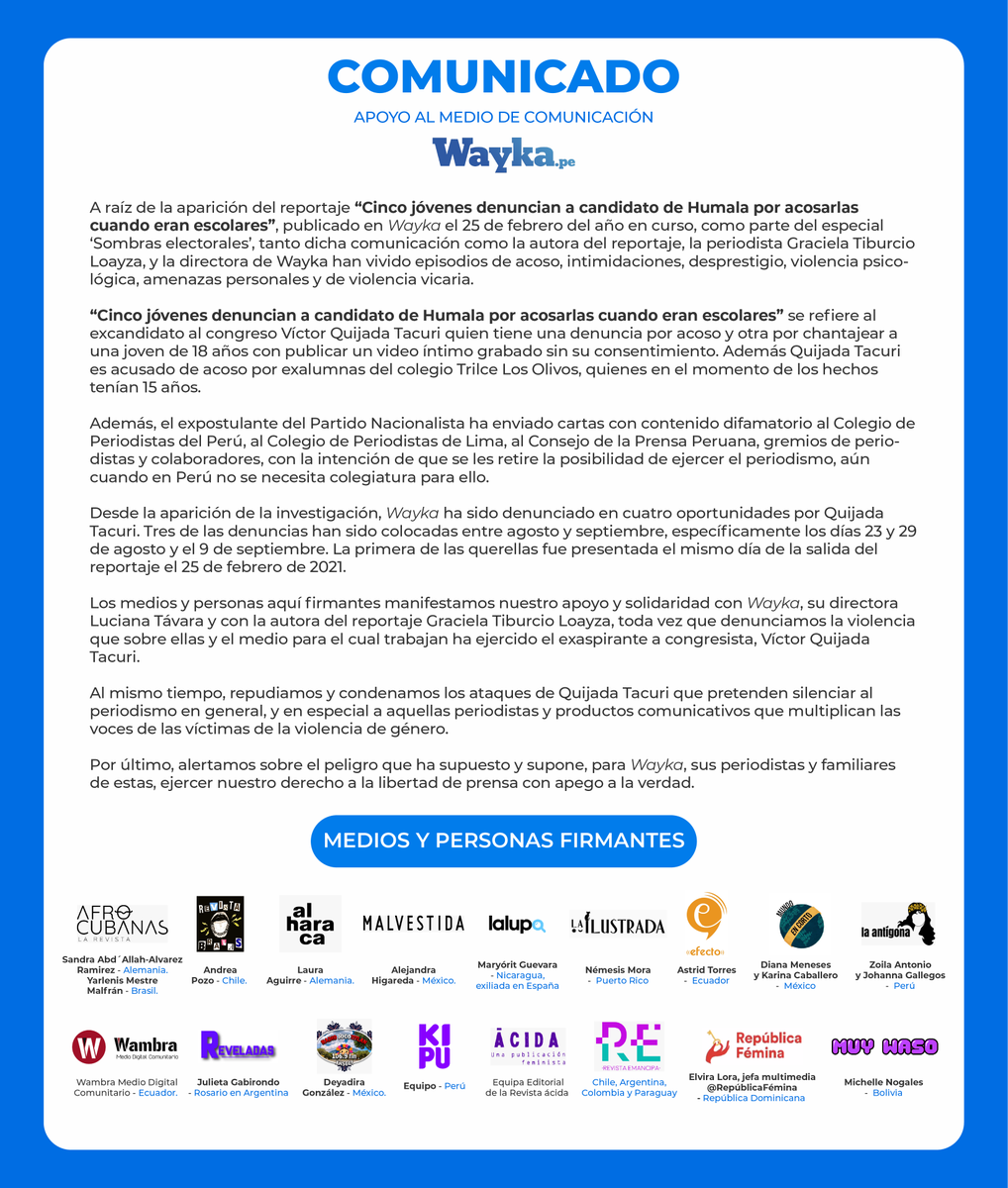 malvestida's tweet photo. Desde Malvestida, junto con otros medios de la región, nos unimos en solidaridad y manifestamos nuestro apoyo al equipo de @WaykaPeru https://t.co/Lq5uSeXViF