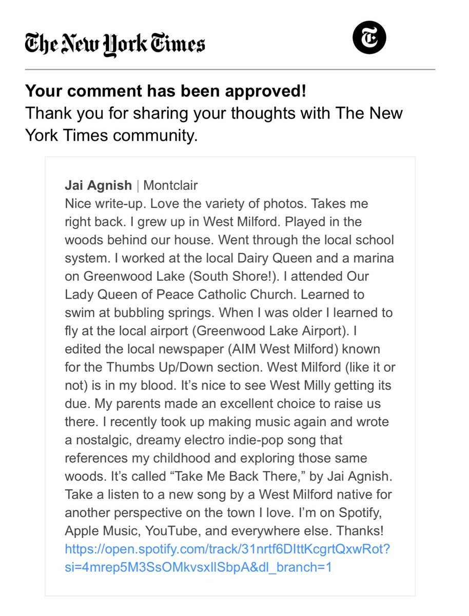 Here is a comment I wrote in response to the recent <a href="/nytimes/">The New York Times</a> article about West Milford. I took the opportunity to plug my new single. I didn’t think they’d actually approve it. Thanks. Link to song in bio. #whereigrewup