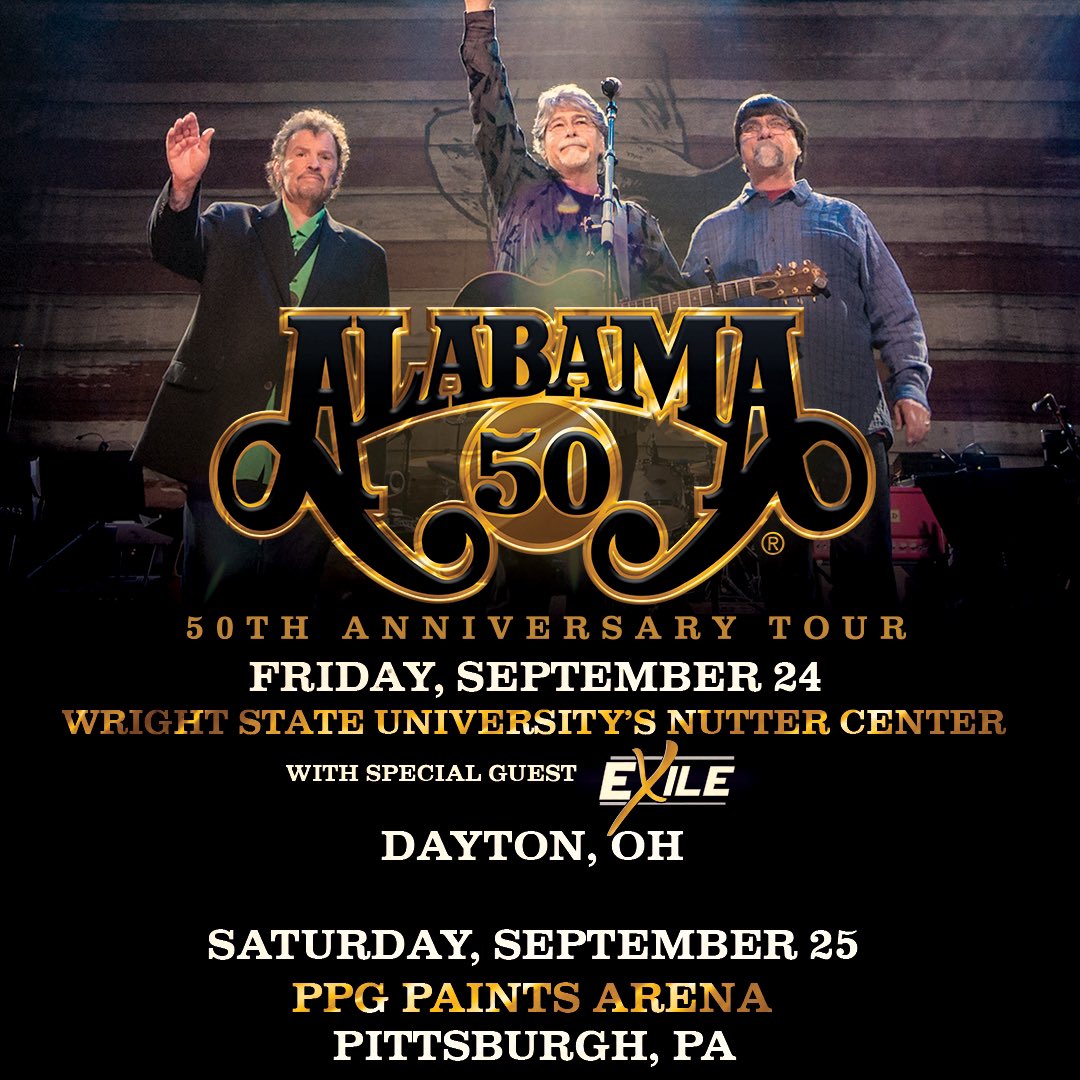 This weekend….!
First up, tonight with <a href="/exileofficial/">Exile</a> 
in Dayton, OH!

Tomorrow…Pittsburgh, PA w/ @jacksoncapps 

Limited tickets avail 🎫: thealabamaband.com