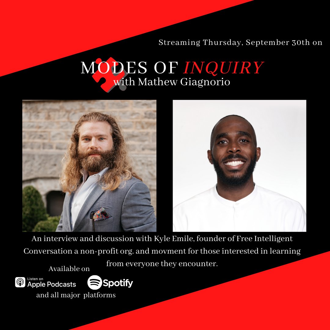 ModesofInquiry's tweet photo. S1E12: I speak with Kyle Emile, founder of @Free_IC. We discuss the importance of viewpoint #Diversity, the origin and global movement of #freeic, the value of listening to different #perspectives and how to respectfully talk with an individual on topics you both disagree on. https://t.co/qIHCaA2W8y