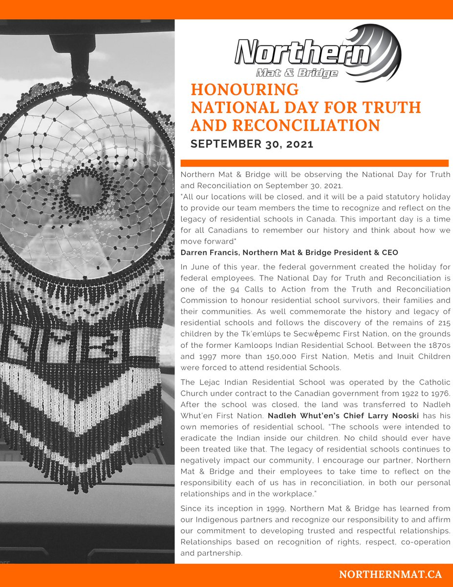 NorthMatBridge's tweet image. Northern Mat &amp;amp; Bridge to observe National Day for Truth and Reconciliation
#ndtr  #NationalDayforTruthandReconciliation  #IndigenousPartnership #Reconciliation #September30 #Northernmat #OrangeShirtDay #EveryChildMatters