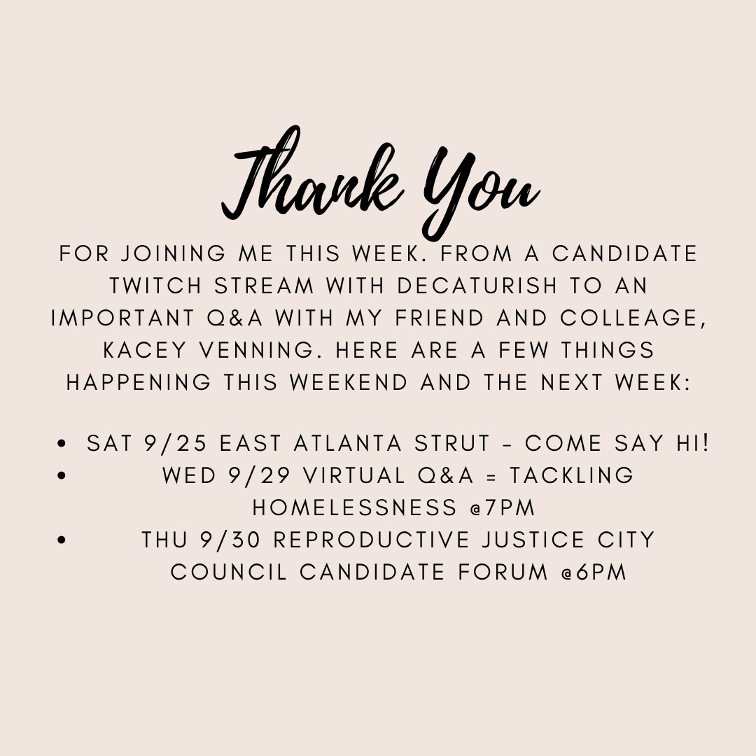Katie4Atl's tweet photo. Weekly Roundup with Katie! 

Hope to see y'all this weekend at the #EAVSTRUT!

#Katie4ATL
#Katie4District5
#BuildingAtlantaTogether
#AuthenticityMatters
#AuthenticCandidate
#ImWithKatie4ATL
#PublicService https://t.co/4mvlfra5KL