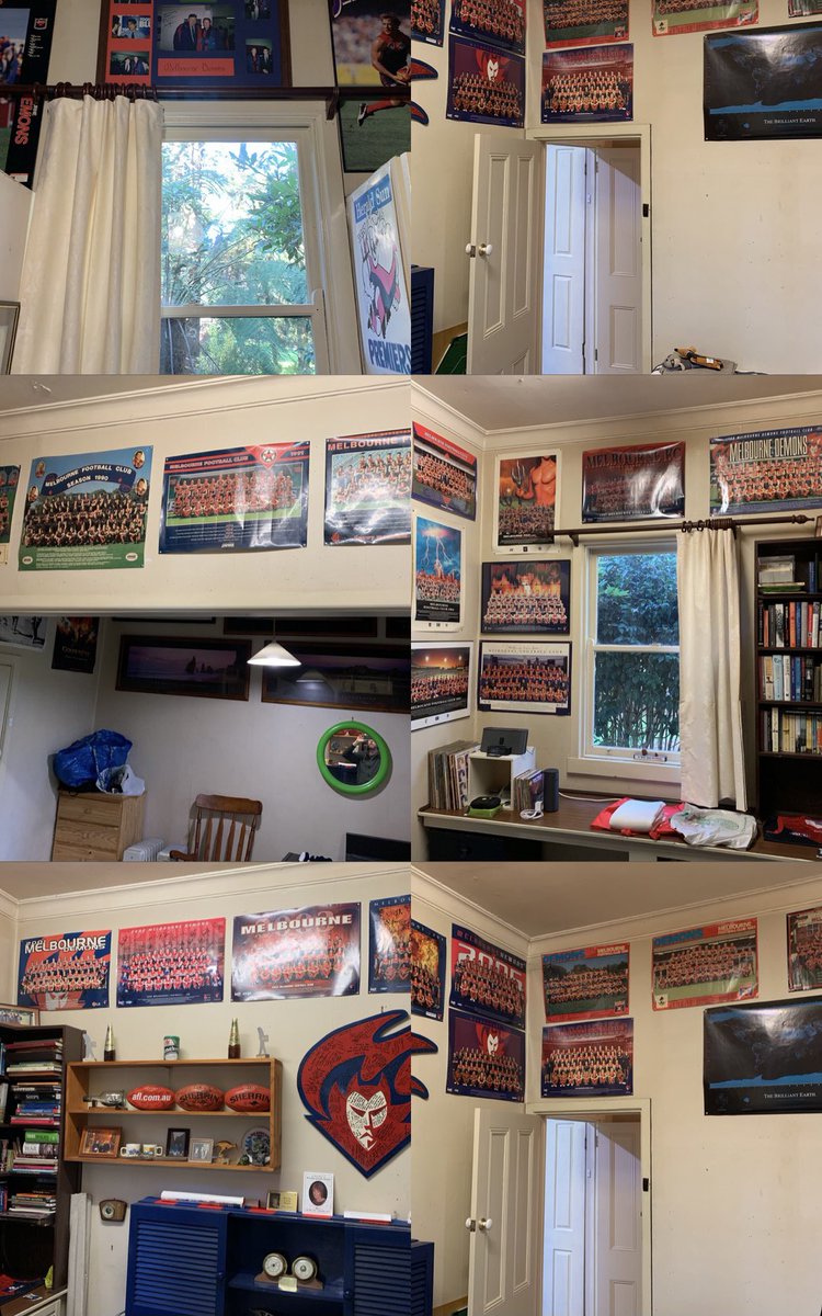 MattBurgan's tweet photo. 2019-now: The Melbourne ‘shrine’ came down in 2019, after family home sold after 46 years. The team poster is from 2020. And the 2021 GF footy record (along with ‘64) means we’re back contending. What a day! And one of my fav pics: Dad and me in 1983. Carn’ the Dees! #giveemhell https://t.co/hN0eDHuVV1