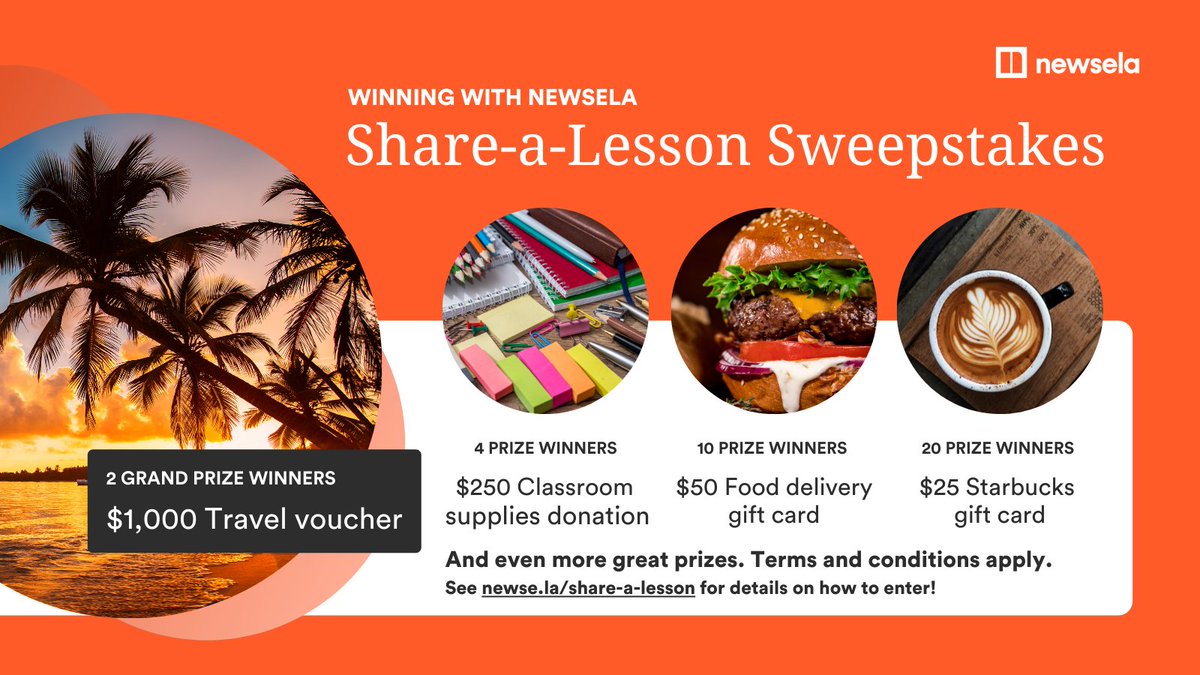 It's time for a sweepstakes!

Share a lesson on Newsela by October 15th to win one of +180 prizes including:
🌴  travel vouchers
📓 classroom donations
☕  coffee
🍔 lunch

Retweet and learn more: newse.la/share-a-lesson #WinningWithNewsela