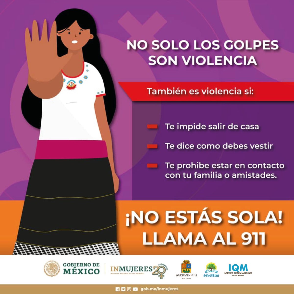 👉 Es importante saber actuar ante una situación de violencia.
Llama al #911 ☎️
Línea IQM 800 500 95 59 
#NoEstásSola
#SinViolencia
#JuntosSaldremosAdelante 🙌
#INMUJERES