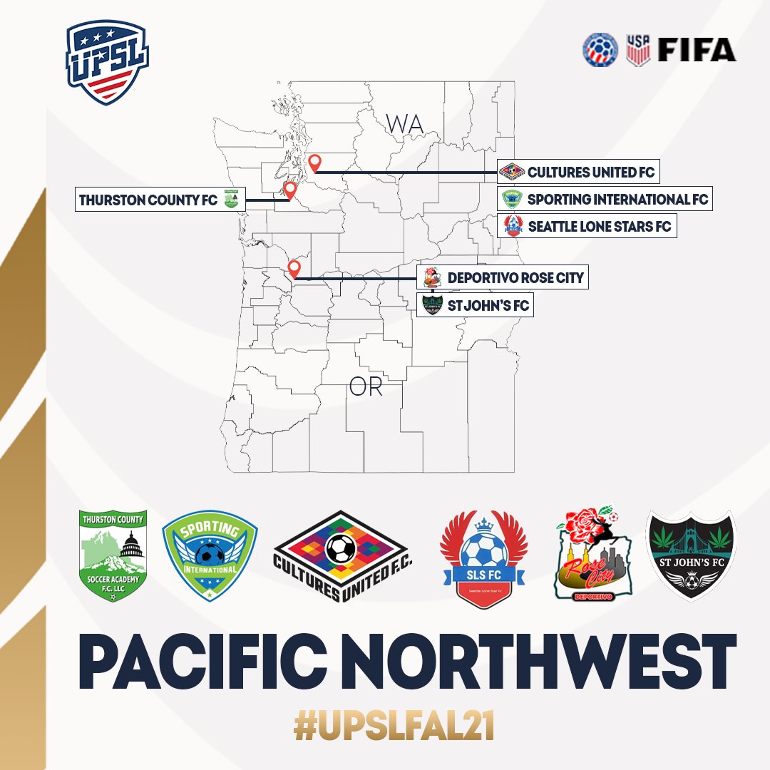 The #UPSL is excited to announce the expansions in Pacific Northwest Division!!

Portland, OR - Deportivo Rose City &amp; St John's FC

Seattle, WA - Cultures United FC, Seattle Lone Stars FC &amp; Sporting International FC

Olympia, WA - Thurston County FC

Welcome to the UPSL 🙌🙌