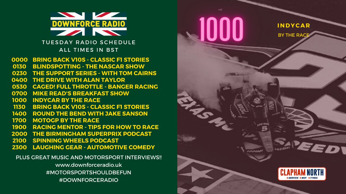 DownforceRadio's tweet image. Tuesday vibes from @MikeReadUK kick off a great day on Downforce Radio! 

Join us for @IndyCar @MotoGP @F1 and go #RoundTheBend with @JakeSanson right here on The Nation's Motorsport Station!! #radio #motorsport #f1 #btcc #racing #music #cars

@ClaphamMOT downforceradio.uk
