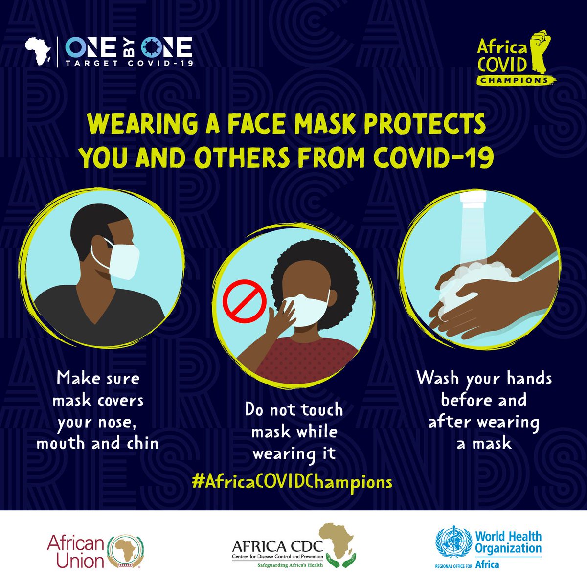 AfricaCDC's tweet photo. Wear a face covering when you’re around others! Protect yourself.
#AfricaCOVIDChampions
@OnebyOne2030
@AfricaCDC https://t.co/82zIIThw4d