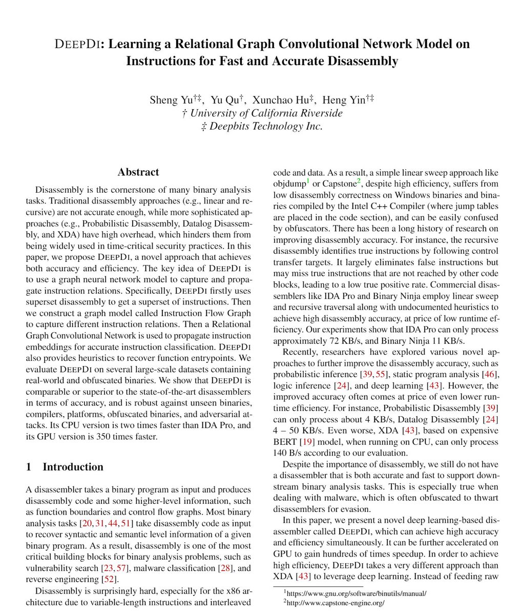 heng_yin's tweet photo. I am glad that our deep learning-based disassembler paper is accepted by USENIX Security 2022. Hundreds of times faster than IDA when running on GPU, and robust to various obfuscations. Thus, it is an ideal tool for disassembling malware. https://t.co/eX7FD8ROu0