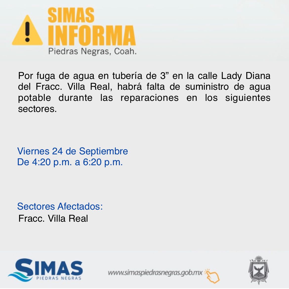 simaspn's tweet photo. ATENCIÓN!
#SIMASinforma
Por fuga de agua en tubería de 3” en el Fracc. Villa Real, se presenta falta de suministro durante las reparaciones. 🚧🚧
Agradecemos su comprensión. https://t.co/1GXRvh7rs4