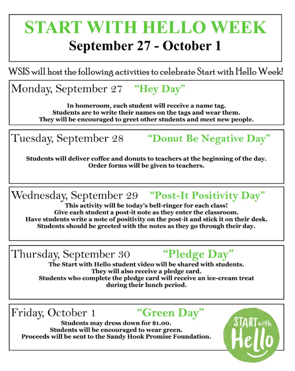 WSIS_Scranton's tweet photo. WSIS: Next week is Start with Hello Week! Monday is "Hey Day"! Be sure to say hello to someone you don't know! 💙 https://t.co/rySsTZnjWf
