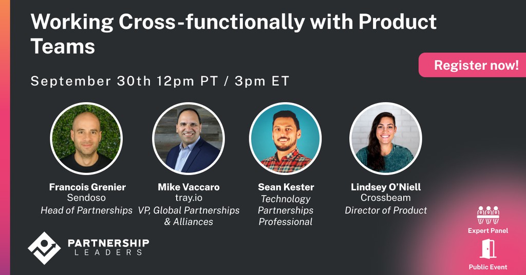 Product &amp; partner teams are becoming increasingly intertwined. 
Join us to discover how these teams can collaborate effectively, with panelists @frgrenier (<a href="/Sendoso/">Areces (no oficial)</a>), <a href="/tray/">tray.ai</a>, <a href="/TheSeanKester/">Sean Kester</a>, &amp; @LindsONi (<a href="/Crossbeam/">Crossbeam</a>) Register now: lttr.ai/mebN

#Partnerships #Alliances