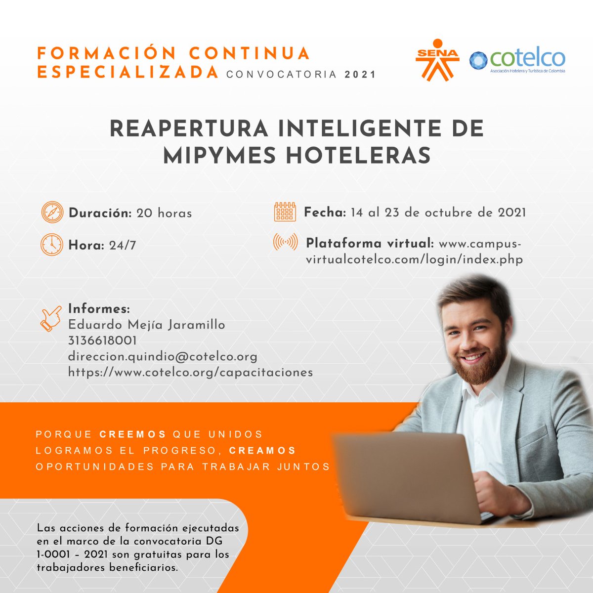 cotelcoquindio's tweet photo. Te invitamos a participar 🚨SIN COSTO🚨 en el Curso Virtual  "Reapertura inteligente de Mipymes Hoteleras" 🏨

🗓️ Fecha: 14 al 23 de octubre de 2021 
⏰ Horario: 24/7 
💻 Link de inscripción: https://t.co/7OoLSlM52I https://t.co/UCC9floItJ