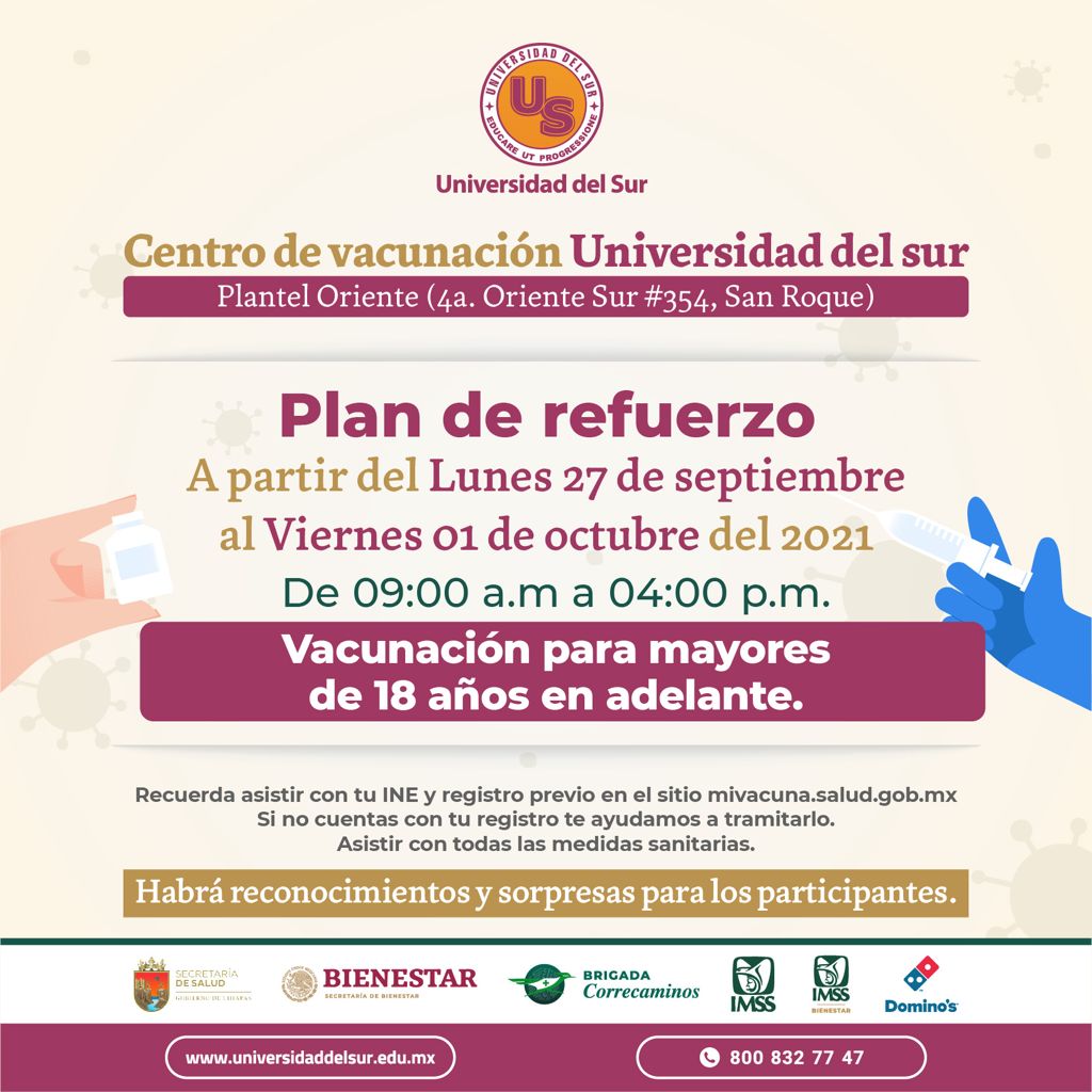 CENTRO DE VACUNACIÓN COVID-19
🟡Vacúnate en la US🟡

📍En el centro de la ciudad
🕘A partir del lunes 27 de septiembre

Acude con todas las medidas sanitarias correspondientes 😷

Me vacuno, te cuido y nos protegemos 🤍👨‍👩‍👧‍👦

▫️Aplicación de la primer dosis para mayores de 18 años
